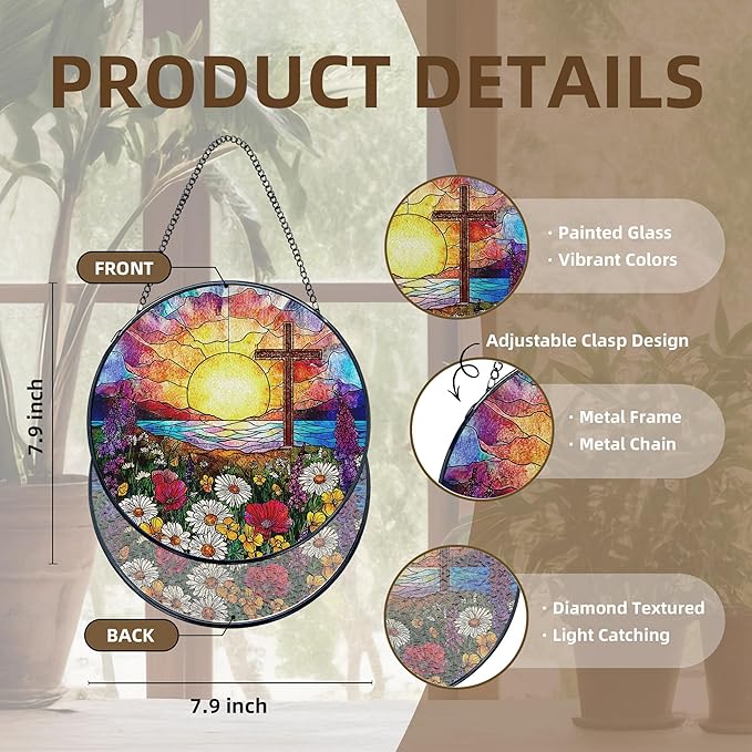 Cross Flower Stained Glass Window Hanging, Cross Suncatchers, Wildflower Christian Easter Sun Catchers Indoor Window Round Glass Wall Art Hanging Decorations, 7.9x7.9in