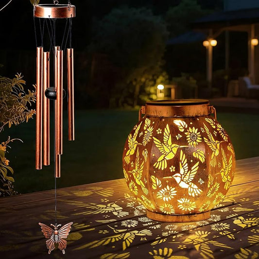 Round Lantern Wind Chimes-Hummingbird,Handcrafted Garden Art with Melodic Tones, Weather-Resistant Metal Wind Chime for Outdoor Patio, Porch, and Garden Decor, for Nature Lovers