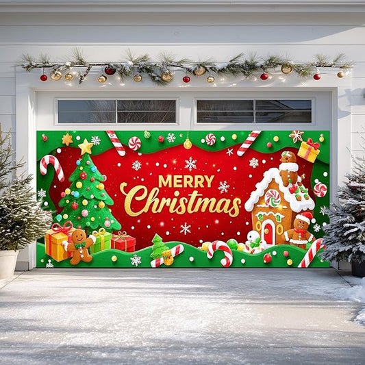 IVN Candy Cane Gingerbread Christmas Scene Garage door banner Door Cover Indoor And Outdoor Studio Background Hanging Decoration 13x6ft