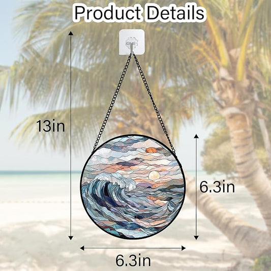 DASTOLL Stained Glass Window Hanging, Sunrise Waves Sun Catchers Diamond Glass Panel Hangings Abstract Suncatcher Decor for Birthday for Women, Men, Wife, Aunt, and Mom 6.3 in