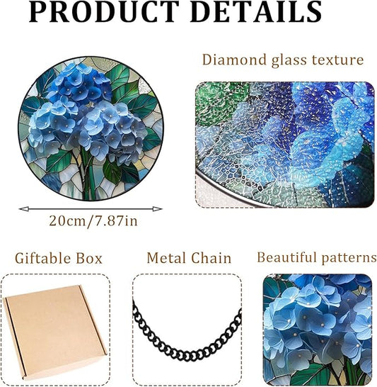 7.87" Blue Hydrangea Flower Suncatcher Stained Glass Window Hanging Room Decor,Sun Catchers Indoor Window Glass Round Panel Wall Decor, Floral Wall Art Hanging Decorations Statues