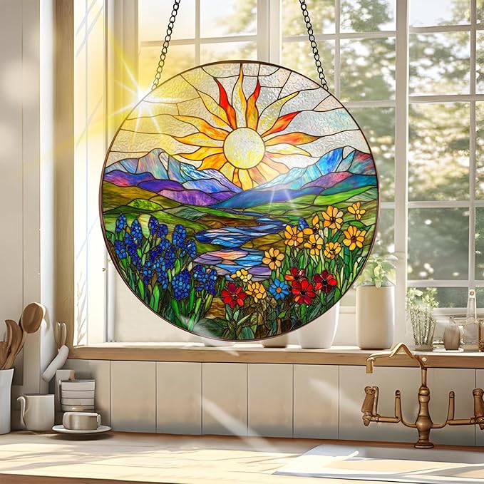 VAIIEYO Sun Sun Catcher Stained Glass Window Hanging Ornament, Handmade Sun Catcher Flower Landscape Decoration with Hooks for Window Garden Home, Birthday Housewarming Gift 7.8 inch