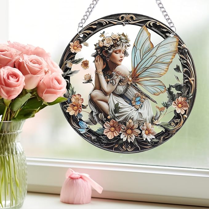 1PC Flower Fairy Acrylic Stained Glass Suncatcher Nature Round Flowers and Girls Suncatcher Hanging Decoration with Metal Chain-SunCatchers for Window Decor Outdoor Garden Decor Gift (B)