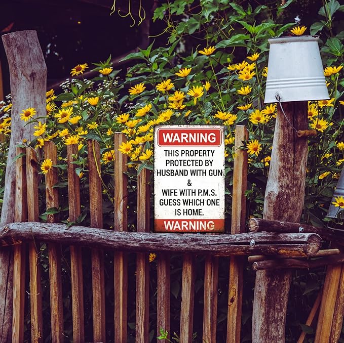 Funny No Trespassing Sign, Metal Warning Tin Signs, this Property Protected by Husband with Gun, Yard Sign Garage Farm Garden Wall Decor Sign Plaque Outdoor for Home Fence 8 X 12 Inches