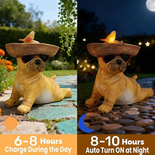 Glintoper Solar Garden Statue Dog Figurine, 8.7" Outdoor Resin Puppy Whimsical Lawn Porch Yard Art, Birthday Mothers Day Ideal Gifts, Lighted Shar Pei Ornaments for Patio Pathway Yard Decoration 
