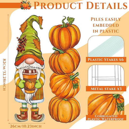Umigy 3 Pcs Thanksgiving Gnome Yard Decor Cute Fall Autumn Gnome Yard Sign with Stakes 32 x 10 Inch Outdoor Lawn Decor, Outside Thanksgiving Garden Decoration for Home Pathway Walkway