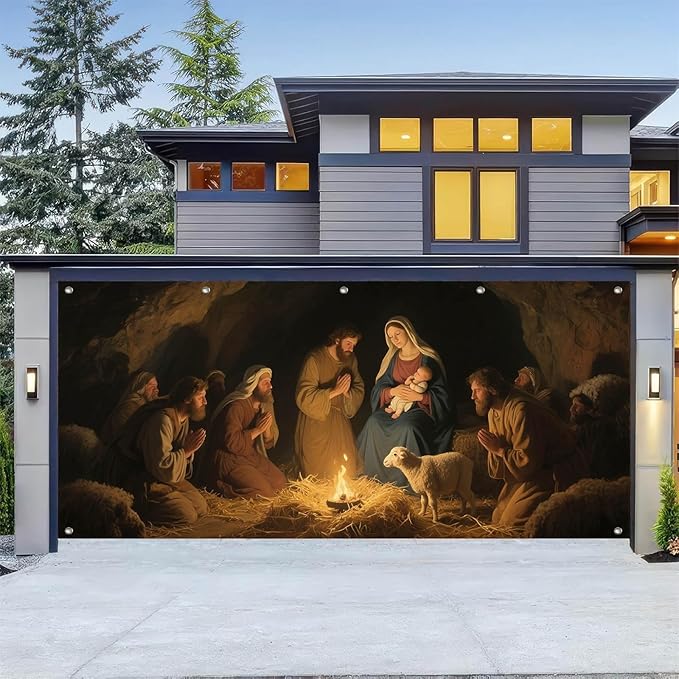HOMETITUTE 13x6ft Nativity Scene Garage Door Banner Shepherds Adoring Baby Jesus Mary Polyester Large Outdoor Xmas Decoration for Holiday Party Winter Yard Home School Church Community Display