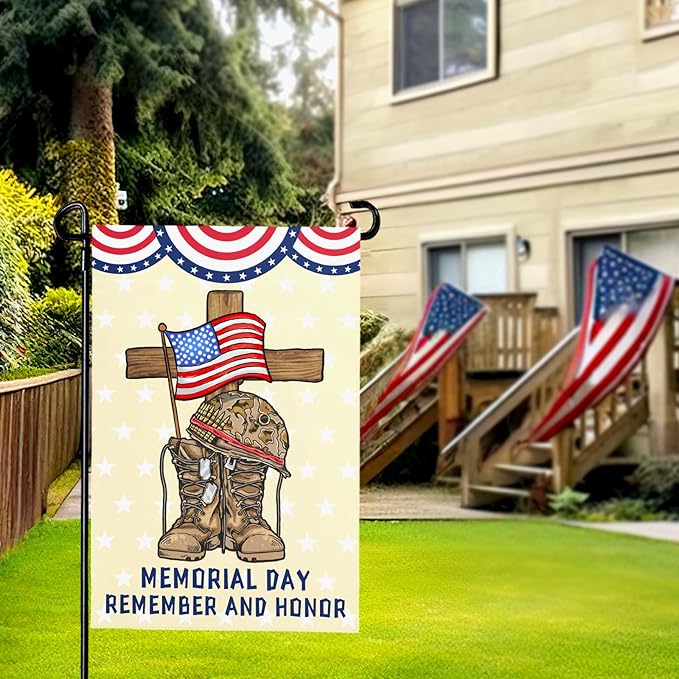 Memorial Day Garden Flag Veteran Burlap Double-sided Yard Flag Patriotic Boots Remember And Honor Brave Garden Flags Independence Day American House Banner Outdoor Decorations 12x18 Inch