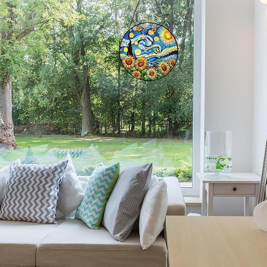 Sunflower Starry Sky Stained Glass Window Hanging,7.87inch Sun Catchers Glass Panel with Chain, Ornament for Home, Garden, Christmas, Mother’s Day, Housewarming Gifts for New Home, Festival Gift