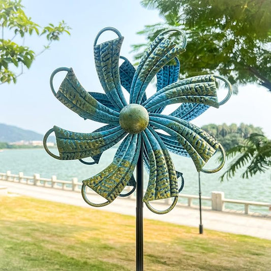 54” Metal Wind Spinner Outdoor Decor, Double Layer 360° Rotating Kinetic Sculpture, Rustproof Weather-Resistant Yard Art for Patio Lawn, Wind Spinners for Yard and Garden (Bronze)