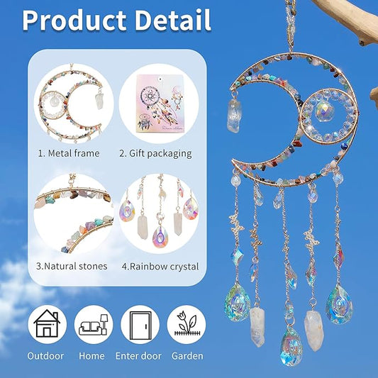 Handmade Sun Catcher Rainbow Maker with Moon Shape Natural Color Stones and Various Crystal Shapes Unique Crystal Decoration for Home or as a Gift Stunning Light Refraction and Colorful Display