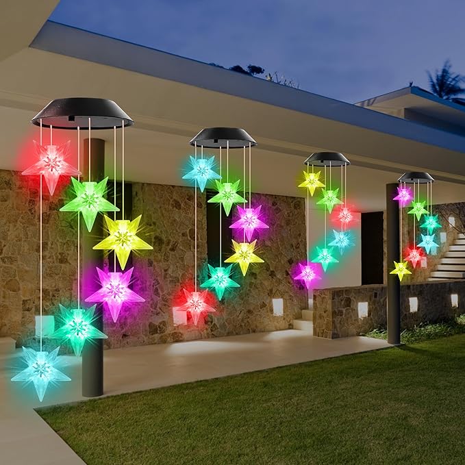 Blue Star Solar Wind Chime Outdoor Color Changing Crystal Star Solar Light Gifts for Women Waterproof LED Wind Chime Garden Decor Solar Powered Windchimes Unique Chiristmas Gifts