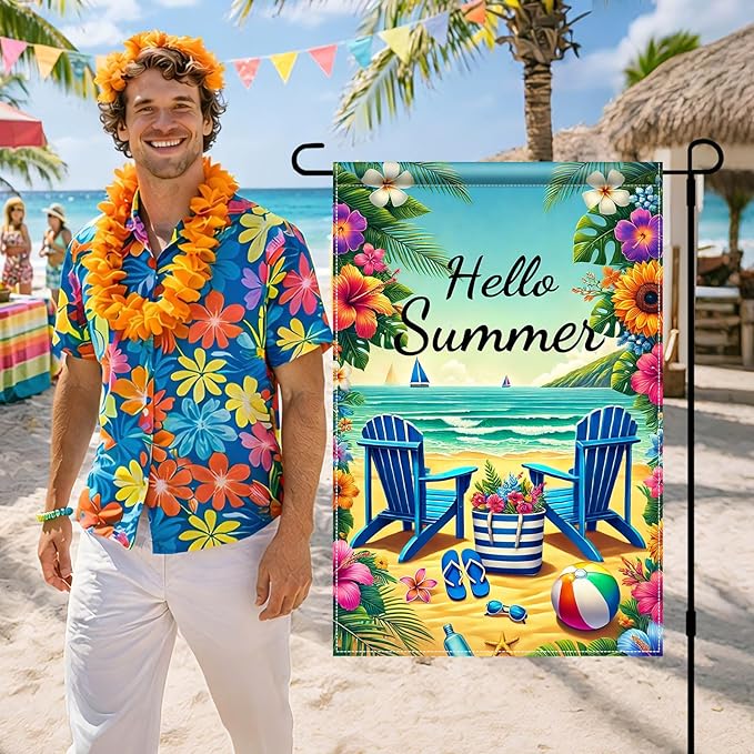 HOMETITUTE Hello Summer Garden Flag Beach Chair Sunset Sea 12x18 Inch Double Sided Welcome Small Seasonal Holiday Yard Outdoor Sign Outside Home House Beach Party Decorations