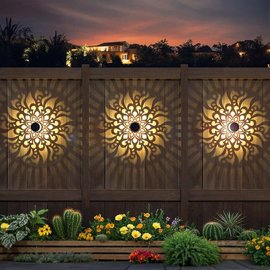 Solar Fence Lights 2 Pack Outdoor Deck Step Wall Lights Metal Waterproof LED Warm Yellow Light for Garden Post Patio Backyard Yard Decor (Mandala-2, 2)