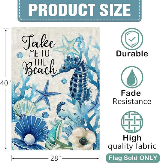 Dyrenson Summer Take Me To The Beach 28 x 40 House Flag Double Sided, Coastal Seahorse Starfish Shell Coral Garden Yard Decoration, Anemone Seasonal Burlap Outdoor Decor Decorative Large Flag