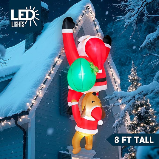 Joiedomi Hanging Christmas Inflatables Outdoor Decoration, Blow Up Climbing Santa with Dog, Christmas Blow Up Yard Decorations with Build-in LED for Xmas Party, Garden, Lawn, Roof Decor