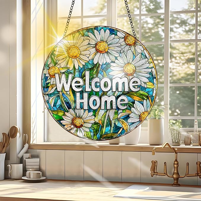 VAIIEYO Welcome Sun Catcher Stained Glass Window Hanging Ornament, Handmade Sun Catcher Flower Decoration with Hooks for Window Garden Home, Christmas & Birthday Housewarming Gift (7.8 inch)