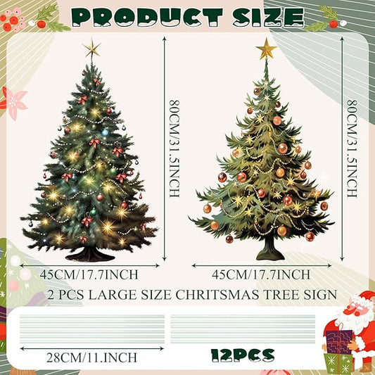 Geelin 2 Pcs Large Christmas Tree Sign Yard with Stake 2.62 ft Vintage Patio Lawn Decoration Outdoor Christmas Party Favor Ornament Garden Sign for Party Supplies(Vintage Tree)