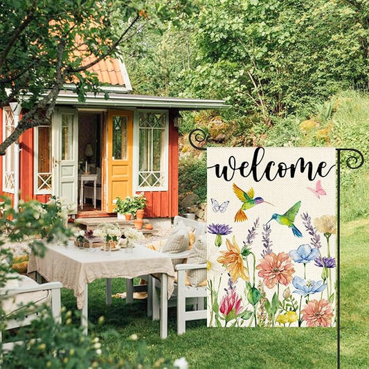 AVOIN colorlife Hummingbird Spring Flowers Garden Flag 12 x 18 Inch Double Sided, Seasonal Welcome Yard Outdoor Flag