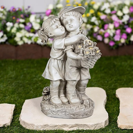 Northlight Solar Lighted Hugging Girl and Boy Outdoor Garden Statue - 16"