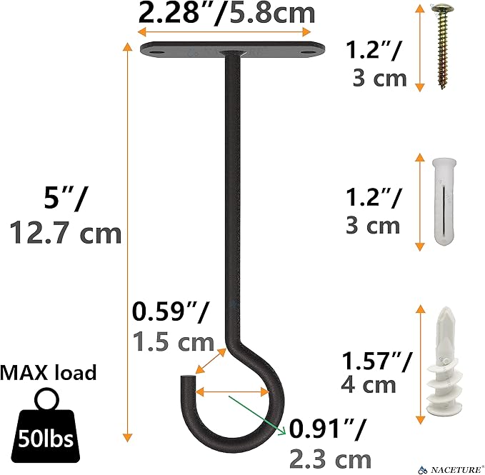 NACETURE Ceiling Hooks Heavy Duty 2 Pack - Plant Hooks for Ceiling Hanging Hook for Hanging Basket Hook, Light, Bird Feeders, Wind Chimes Dรฉcor Indoor & Outdoor (Black, 5 Inch 6 Pack)