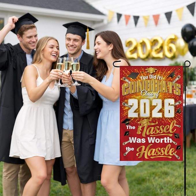 Graduation Decorations 2026 - Class of 2026 Garden Flag | Graduation Decor Party Favors Supplies for Outdoor Indoor Double-Side Backdrop Banner for Garden Porch Patio Lawn Yard Home,12x18Inch (Red)