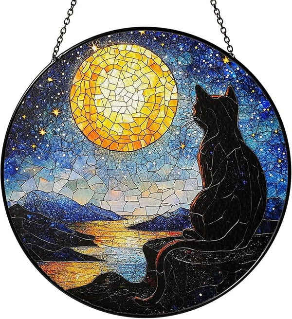 Black Cat Stained Glass Suncatcher Window Hanging Decor for Garden, Starry Night Cat Suncatcher Window Panel, Gifts for Cats Lovers, Memorial Gifts for Pet Loss, Sympathy Gift for Outdoor Decorations