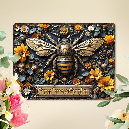 Custom Garden Signs Personalized Metal Tin Sign for Women, Bee Metal Sign for Outdoor, Patio, Yard Rustic Home Decor Gift for Mothers Day, Grandmas, and Gardening Lovers