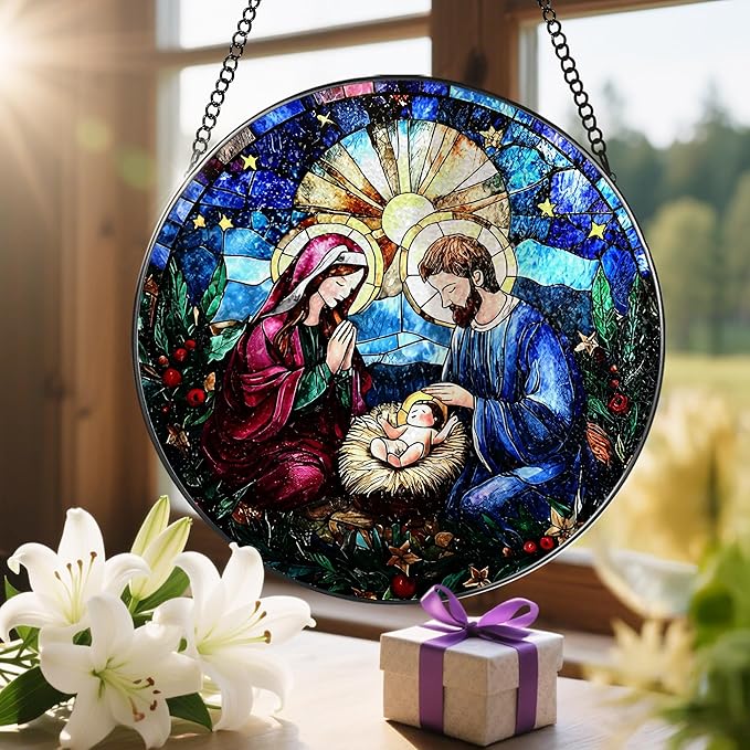 8-Inch Nativity Scene Stained Glass Suncatcher Ornament, Stained Glass Window Hanging & Nativity Religious Ornament, Christian Home Decor โ Gifts for Christmas, Christian Gift, Religious Gift