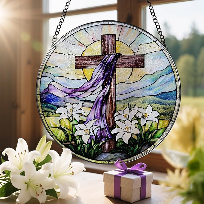 8 Inches Stained Glass Cross Suncatcher, Stained Glass Window Hanging Decor, Religious Cross Ornament, Christian Home Decor, Christian Gift, Religious Gift, Gifts for Christmas