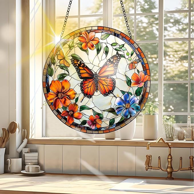 VAIIEYO Butterfly Sun Catcher Stained Glass Window Hanging Ornament, Handmade Sun Catcher Flower Decoration with Hooks for Window Garden Home, Mother's Day & Birthday Housewarming Gift (7.8 inch)