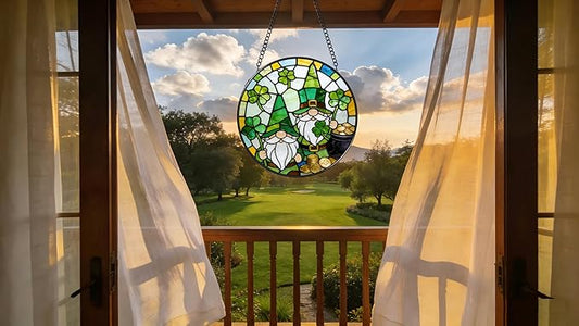 Funoasis Stained Glass Window Hanging Suncatcher - 6.3 Inches St. Patrick's Day Gnome Clover and Gold Coin Ornaments Sun Catcher Home Decor Spring Decoration