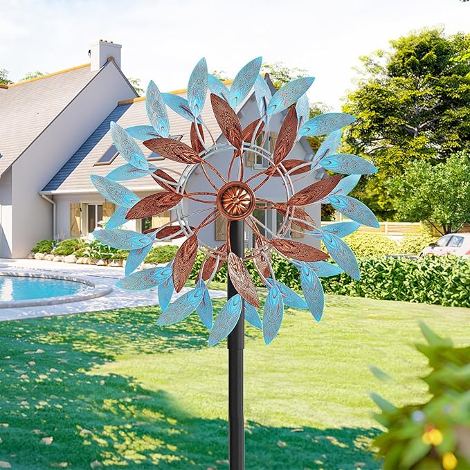 Metal Wind Spinners Outdoor, Kinetic Garden Wndmills,Yard Art Windmill with Metal Stake,Vintage Wind Sculptures & Spinners,Waterproof Pinwheels Large Wind Mill for Patio Lawn Yard Garden(Blue+Brown)