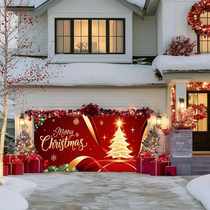 IVN Merry Christmas Garage Door Cover Decoration 13x6ft Golden Ribbon Tree on Red Holiday Christmas Banner Home Garage Door Front Yard Decor for Xmas Eve Winter Scene Holiday Outdoor Background