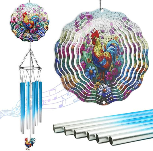Rooster Hanging Wind Chime for Outside - Stainless Steel Wind Sculpture Chicken Wind Spinners Outdoor Farmhouse Art Ornaments with Card for Garden Yard Balcony Patio Lawn Decorations