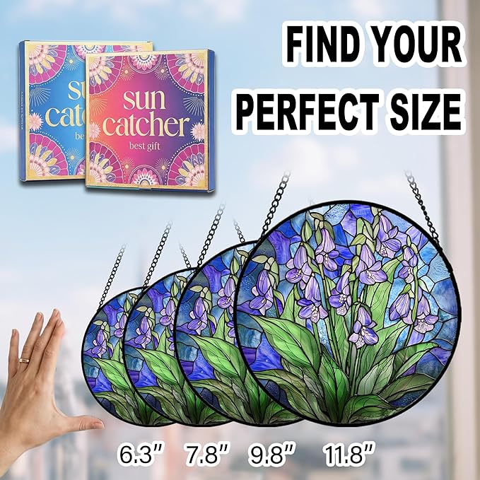 Birthday Gifts for Women - Violet Flowers Faux Stained Glass Window Hanging Sun Catcher for Door Garden Acrylic Decor Mother's Day Christmas for Mom Nana Grandma Sisters Wife 9.8"