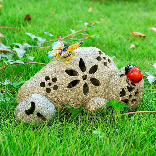 Butterfly Garden Statues Butterfly on Stone Statue with Solar LED Lights for Porch Patio Lawn Yard Art Decoration Christmas Birthday Gardening Gifts for Mom Women
