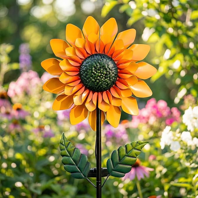 Sunflower Solar Wind Spinners for Yard and Garden - 52" Metal Windmill Ligths with LED Wind Sculptures with Stake for Lawn Patio Decor