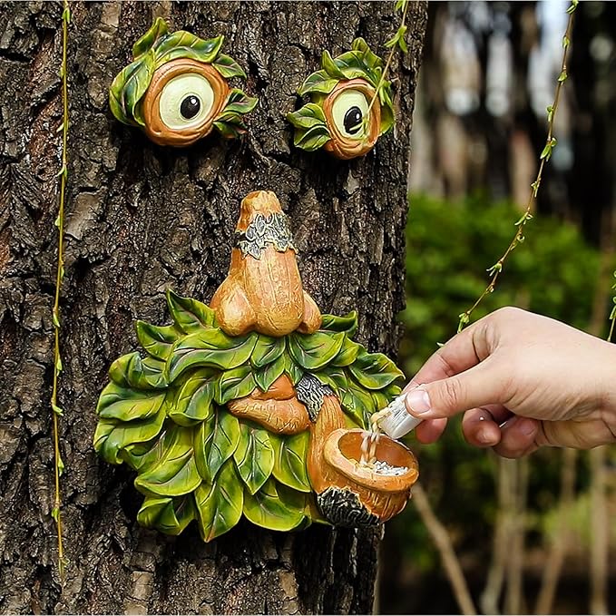 Flytime Tree Face Garden Decor with Bird Feeder - 12 Inch Whimsical Outdoor Statue, Weather Resistant Resin Tree Hugger Art for Yard & Garden
