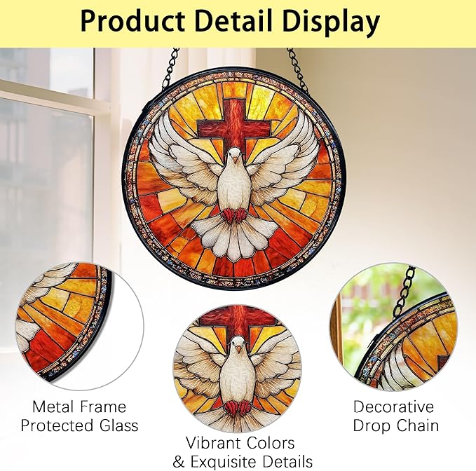 TNUW Christian Cross Bird Stained Glass Window Hanging, Cross Pigeon Bird Sun Catchers Indoor Window Glass Round Wall Art Decor, Religious Christian Wall Hanging Decorations, 7.9"x7.9"