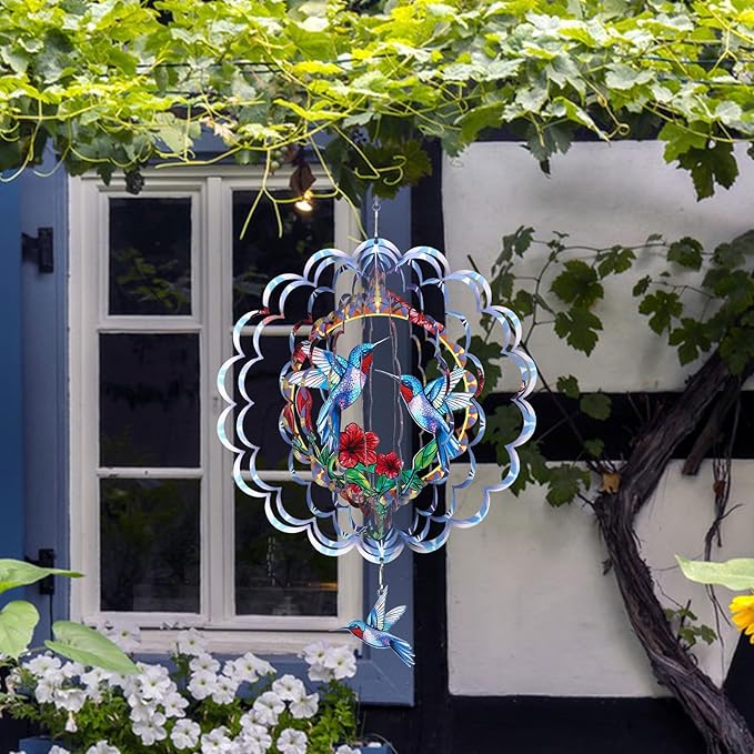 Hummingbird Wind Spinner Gifts for Women Metal Hanging Wind Spinner Metal Bird Wind Chimes House Yard Art Garden Decor (Hummingbird)