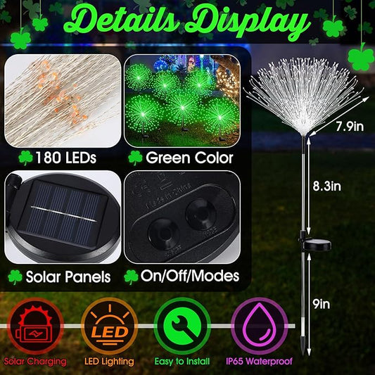 Tujoe 6 Pcs St. Patrick's Day Solar Firework Stake Lights 180 LED 8 Modes Waterproof LED Sparkler Lights Outdoor Decoration for Irish Garden Patio Yard Pathway Walkway Lawn, Green