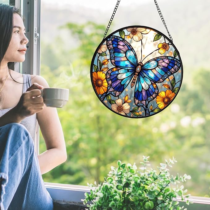 Butterfly Stained Glass Suncather for Window Hanging, 9'' Blue Butterfly Ornament Gift for Women, Nature-Inspired Wall Art Home Decor Gifts for Mom, Grandma, Mother's Day (Blue, 9'')