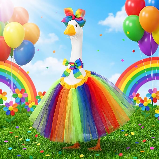 Abbylike Rainbow Porch Goose Outfit Pride Goose Outfit LGBTQ Lawn Geese Costume Clothes with Bow Headband and Tie Fits 23" Cement Geese Statue for Pride Month Outdoor Garden Yard Patio Art Decor