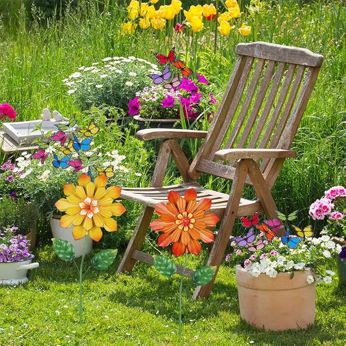 YEAHOME Garden Decor for Outside, Set of 2 Metal Flowers 23.6โ Decorative Garden Stakes for Spring Decor, Yard Art Flower Stakes for Outdoor Lawn Backyard Porch Garden Decorations (Orange, Yellow)