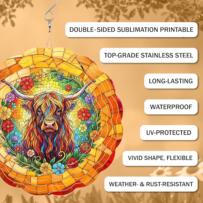 Highland Cow Wind Spinner, 3D Hanging Stainless Steel Garden Spinner, Wind Spinner Hanging for Outdoor & Indoor Dรฉcor, Unique Gifts for Yard Garden Decoration or Patio Dรฉcor (Highland Cow)