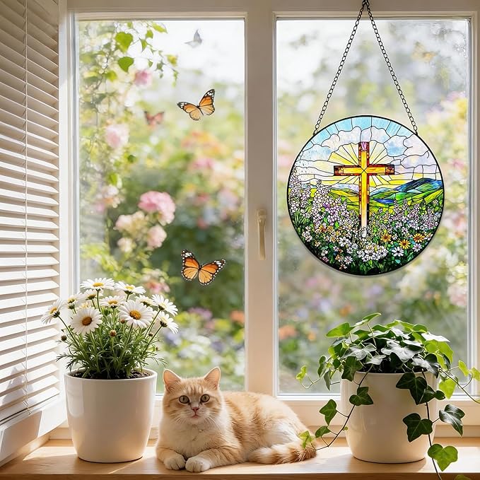 Stained Glass Window Hanging, 8 Inch Stained Glass Cross Wildflowers Suncatcher, Christian Sun Catchers Indoor Window, Flower Cross Religious Home Decor Panel, Easter Faith Christian Gifts for Women