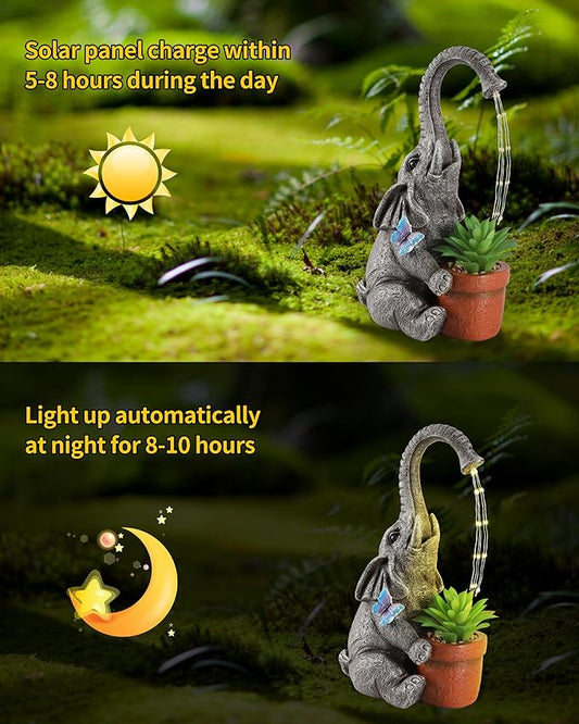 iStatue Solar Elephant Figurine with Succulent Plant Pot - 11'' Hand-Painted Lifelike Resin Lawn Ornaments Statue for Yard Art Garden Decor Gifts (Elephant)