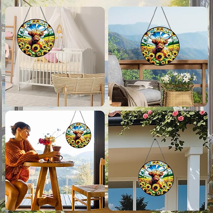 Rngmsi Highland Cow Stained Glass Window Hanging, 7.8" Sunflower Cow Sun Catchers Indoor Window Decor, Suncatchers for Windows Hanging Gifts for Women