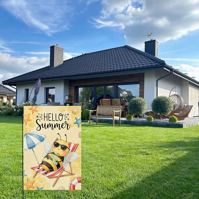 Hello Summer Bee Beach Garden Flag 12x18 Inch Double Sided Seasonal Holiday Burlap Yard Pool Outdoor Decorations